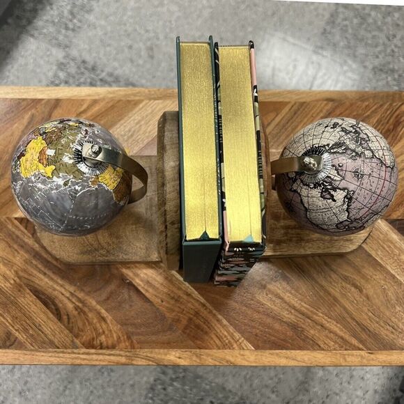 Mini Globe Wooden Bookends Set of 2 Mixed Pair World Map Multicolored India NWT - Picture 6 of 10
